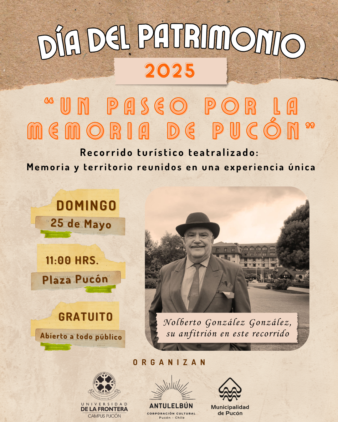 Afiche de la Ruta Turística Teatralizada por el Día del Patrimonio 2025 en Pucón